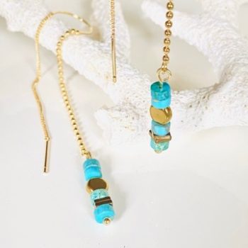 boucles d'oreilles pendantes en plaque or 24 carats cahinnette en perles dorées turquoise d''Egypte hématite Ma Jungle Family