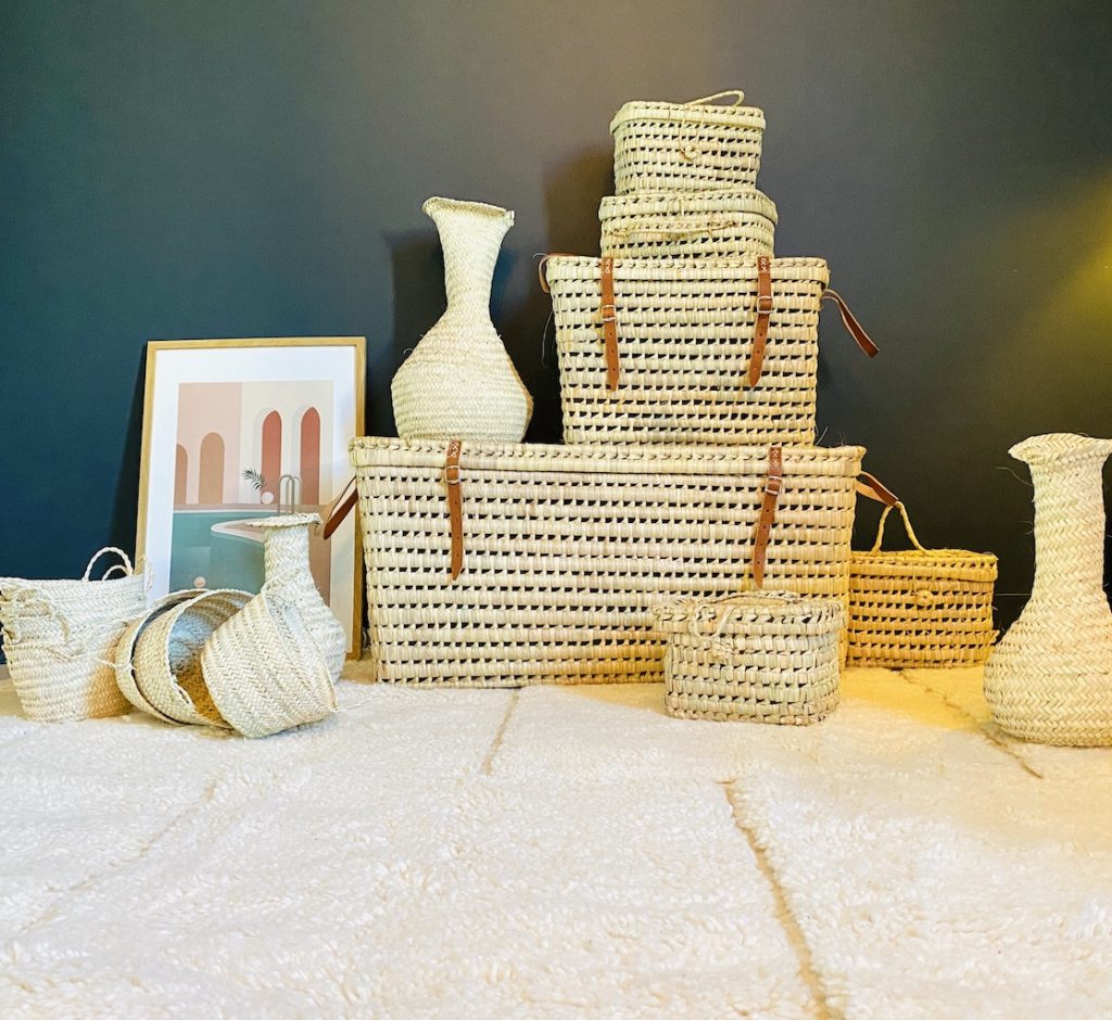 grand coffre rangement XXL attache en cuir et poignees en cuirpaille osier doum en feuille de palmier Maroc Ma jungle Family