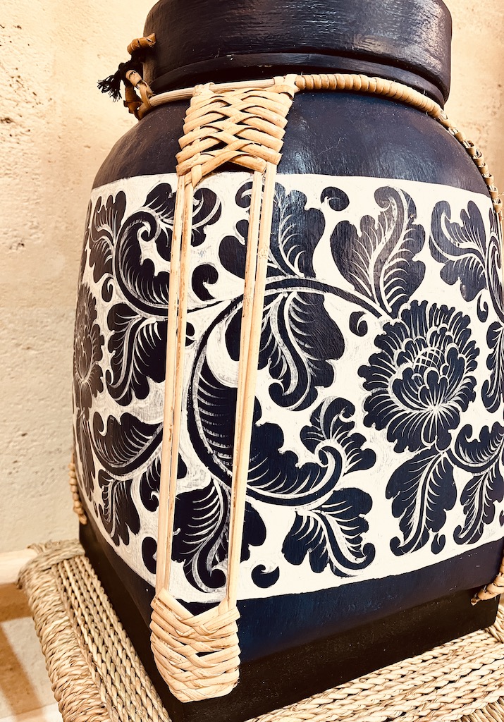 bambou rice box boite a riz fabrique en thailande a la main peinte belu nuit fleurs blanche urne decaoration Ma Jungle Family