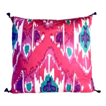 housse de coissin ikat en soie et coton rose fuschia turquoise violet blanc pompon ouzbekistan