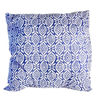 housse e coussin bleu capri grec fleuri blanc pompon blockprint coton indien ma jungle family oeil dessin graphique
