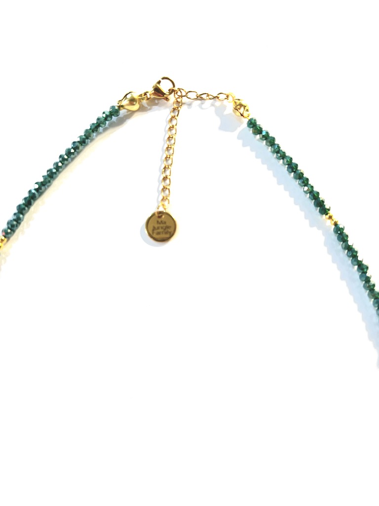 collier ras de cou bleu canard vert perles dorées plaquées or perles à facettes made in france fabrique en france creatrice de bijoux bracelet plaque or Ma Jungle Family