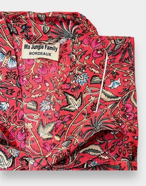 kimono framboise butterfly papillons fleuri nénuphar vert émeraude fuschia coton blockprint Inde Ma Jungle Family