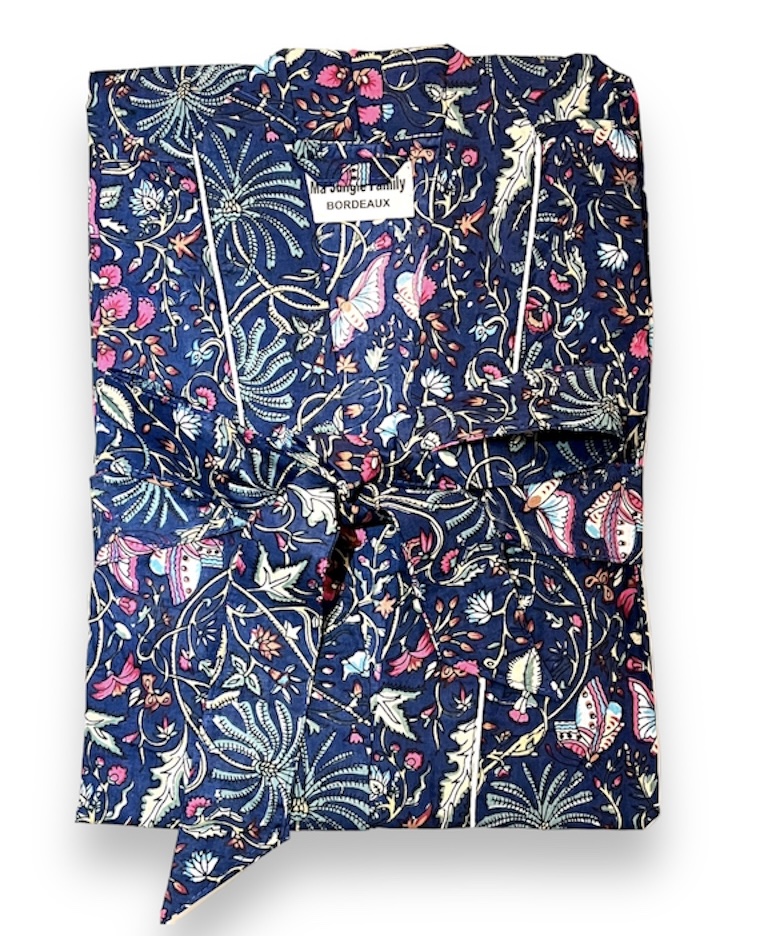kimono bleu galaxy butterfly papillons fleuri nénuphar vert émeraude fuschia coton blockprint Inde Ma Jungle Family