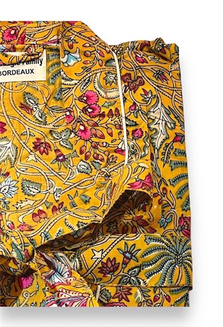 kimono moutarde butterfly papillons fleuri nénuphar vert émeraude fuschia coton blockprint Inde Ma Jungle Family