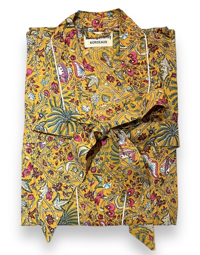 kimono moutarde butterfly papillons fleuri nénuphar vert émeraude fuschia coton blockprint Inde Ma Jungle Family