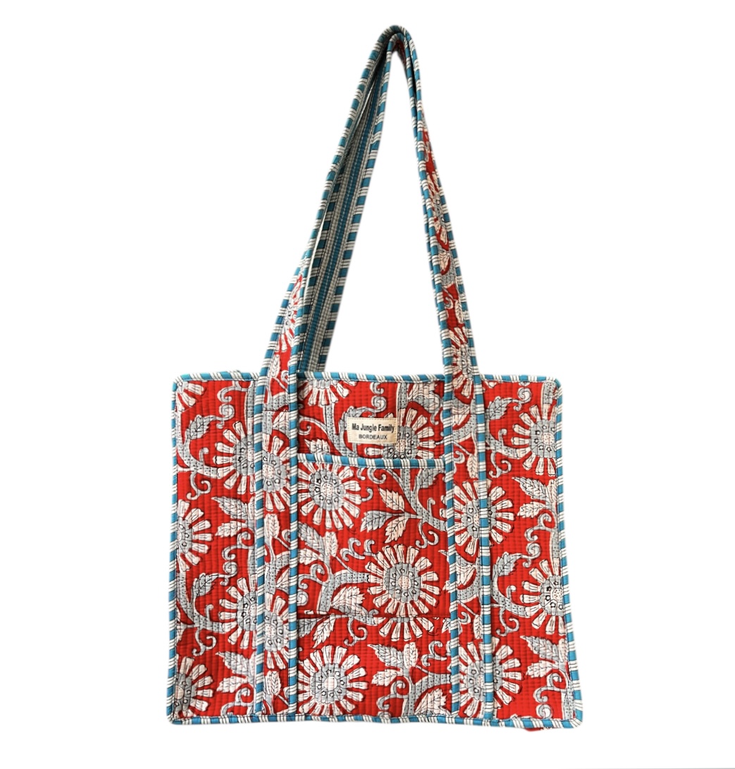 Gand cabas sac molletonne matelasse coton safran bleu fleuri sac a langer kaki violet Inde blockprint Ma jungle Family sac de plage, valise cabine marine fleurs rouges dahlia, vert Frida Kahlo, corail, motif japonais, léopard rose, rouge, guinguette, vintage, pique nique, nappe à carreaux, bleu marine, tigres orangés rayés. fermeture éclaire, rouge eclatant