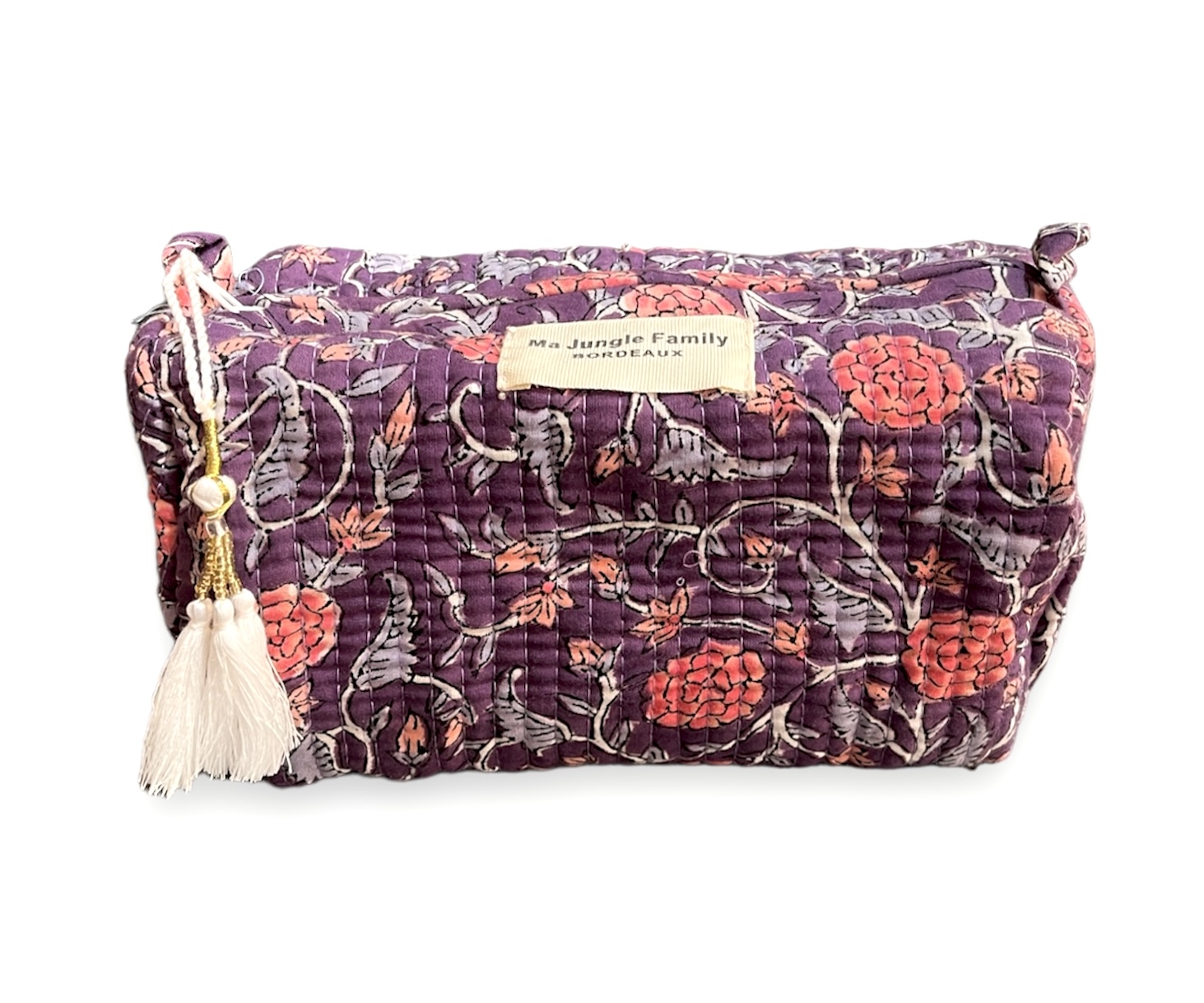 trousse de toilette en coton indien bleu nuit imprime blockprint fleuri matelasse moutarde pompon Jaipur Ma Jungle Family Violette