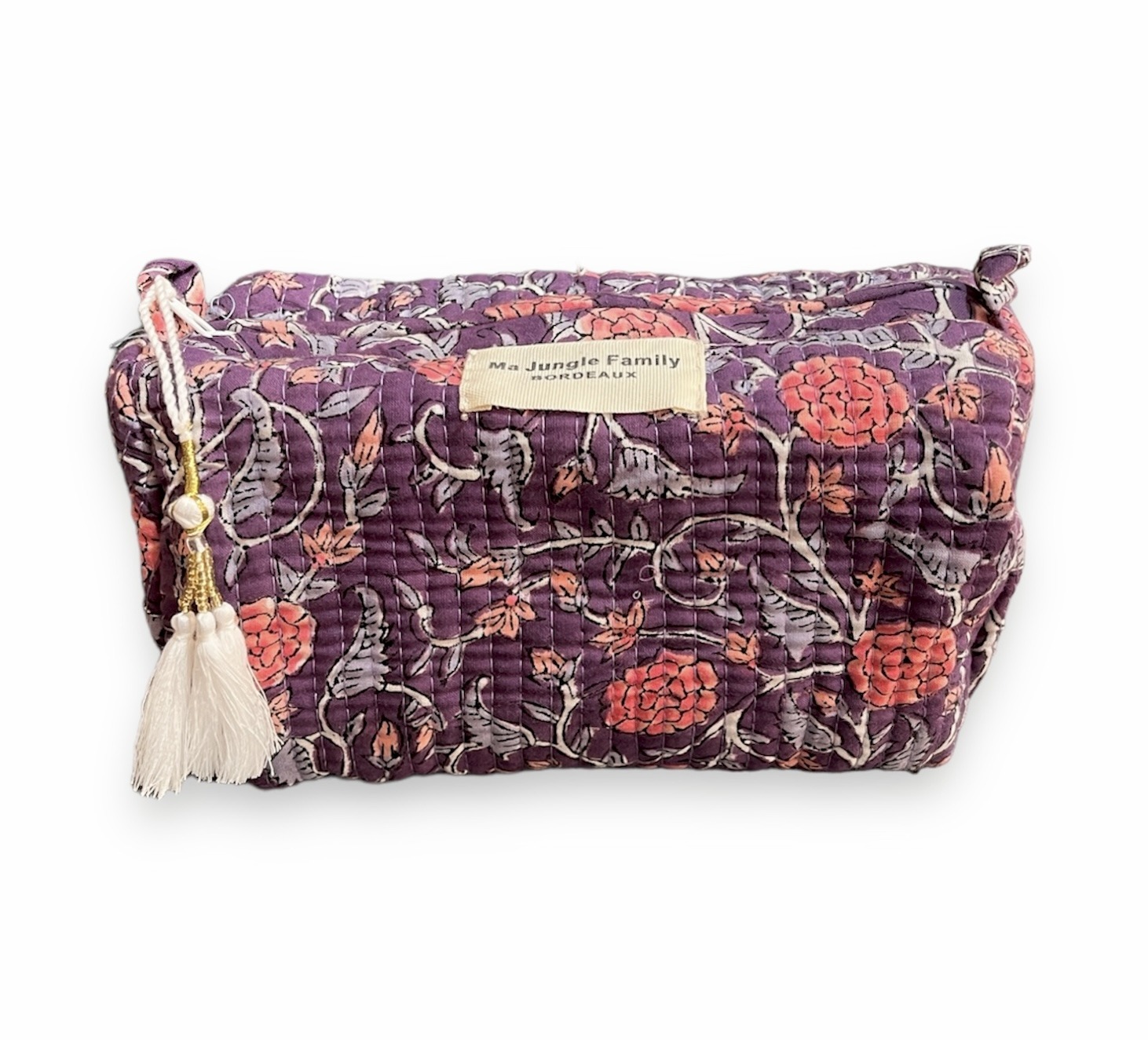 trousse de toilette en coton indien bleu nuit imprime blockprint fleuri matelasse moutarde pompon Jaipur Ma Jungle Family Violette