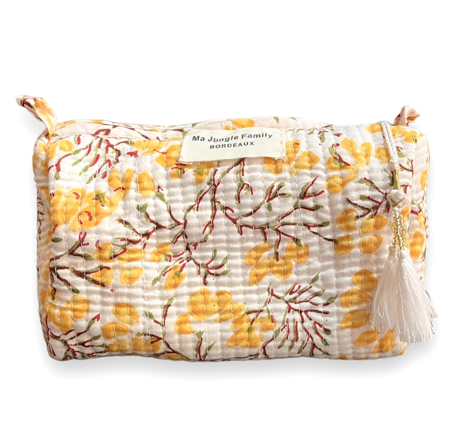 trousse de toilette en coton indien imprime blockprint fleuri Jaipur Ma Jungle Family Japon cerisier jaune yellow