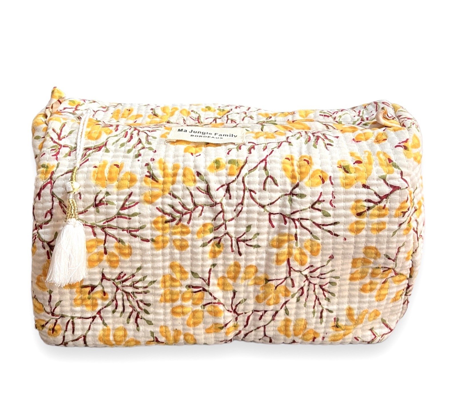trousse de toilette en coton indien imprime blockprint fleuri Jaipur Ma Jungle Family Japon cerisier jaune yellow