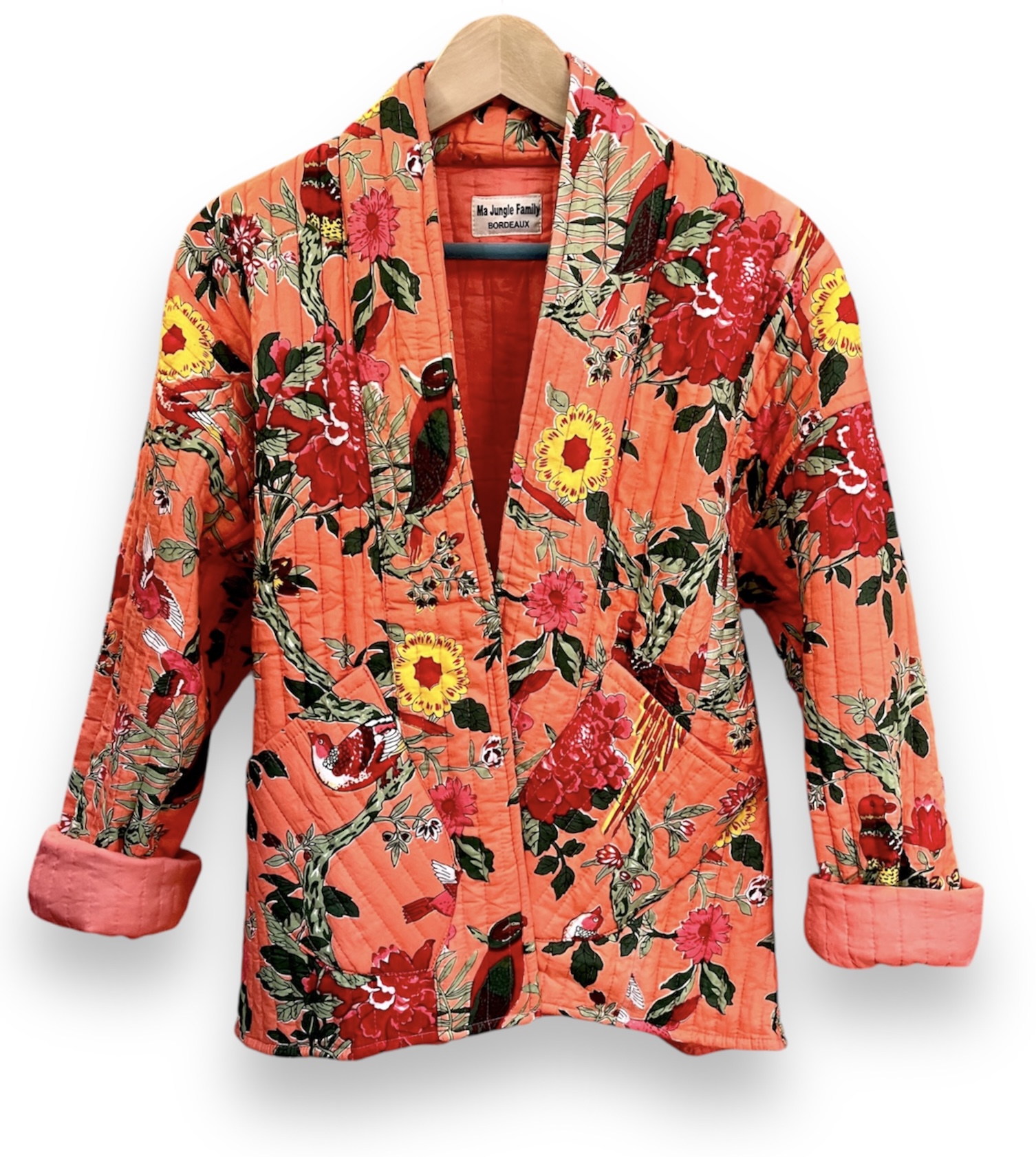 Veste matelassée, Coton indien, Fait main, Surpiqure artisanale, Confort, Chaleur, Vêtements ethniques, Mode durable, Vêtements faits à la main, Ma Jungle Family, violet, marine et dahlia rouge, corail, motif japonais
