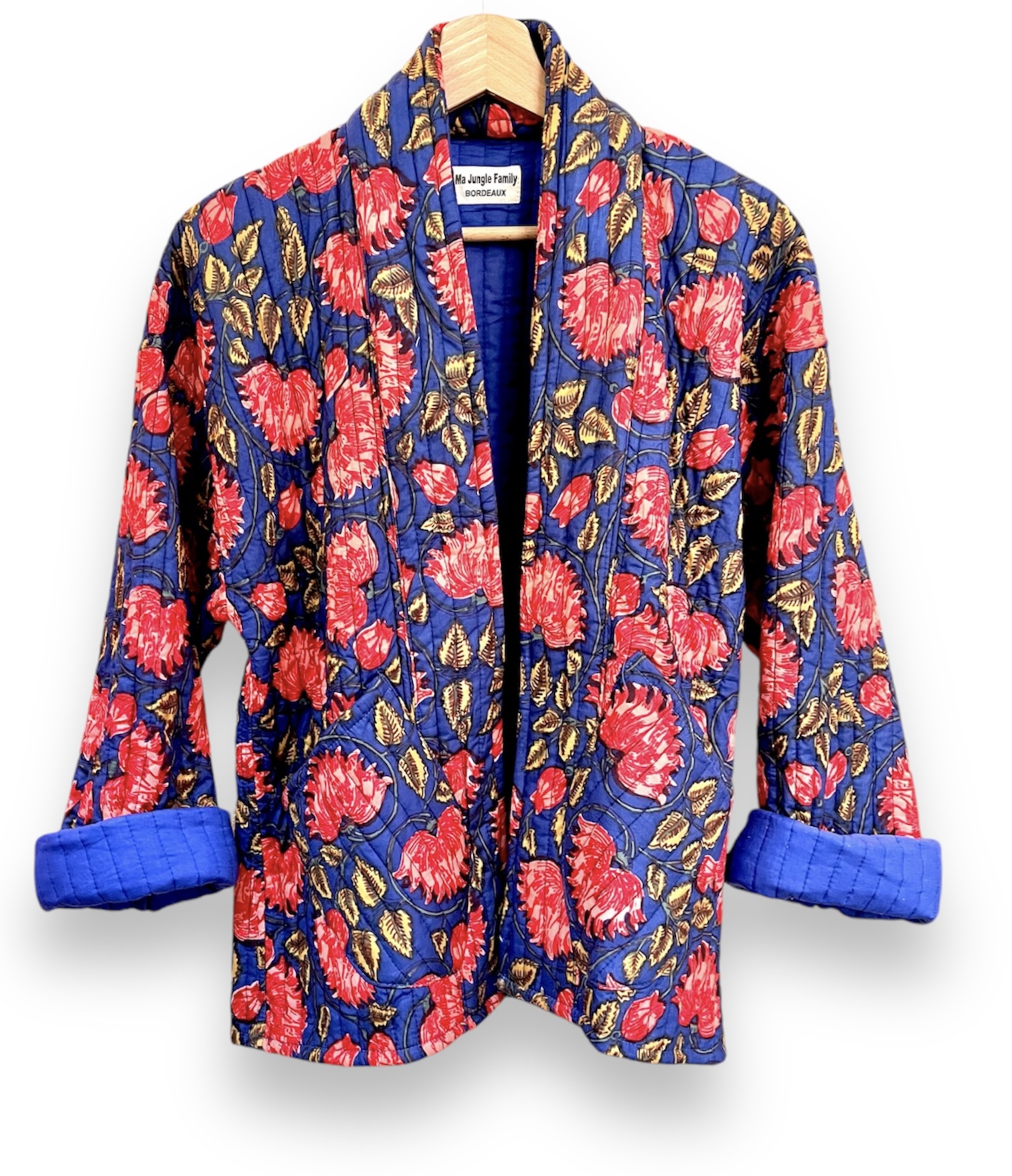 Veste matelassée, Coton indien, Fait main, Surpiqure artisanale, Confort, Chaleur, Vêtements ethniques, Mode durable, Vêtements faits à la main, Ma Jungle Family, violet, marine et dahlia rouge