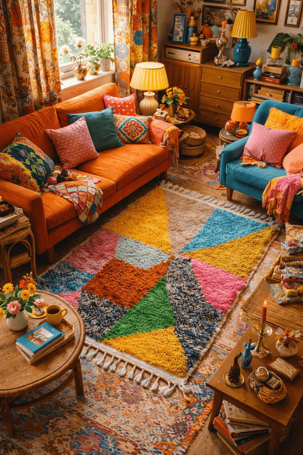 tapis colré multicolore Maroc laine atlas fait main franges Ma JUngle Family