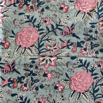 Nappe indienne imprimée au blockprint a Jaipur au Rajasthan en Inde motifs floral vert étang étourdissant bleu blanc Ma JUngle Family Bleu vif vibrant, vert céladon, rose