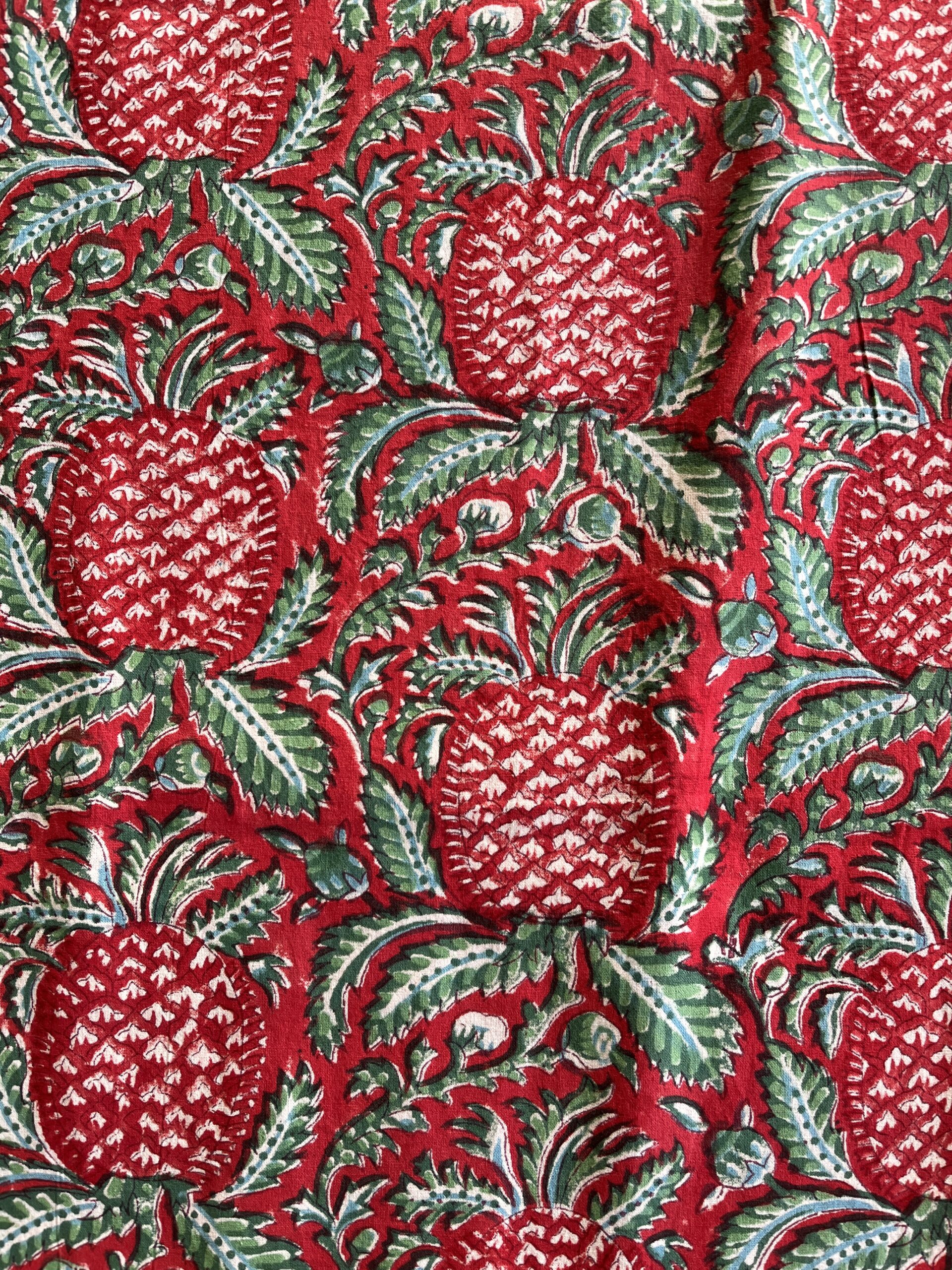 Nappe indienne imprimée au blockprint a Jaipur au Rajasthan en Inde motifs floral vert étang étourdissant bleu blanc Ma JUngle Family ananas rouge et vert