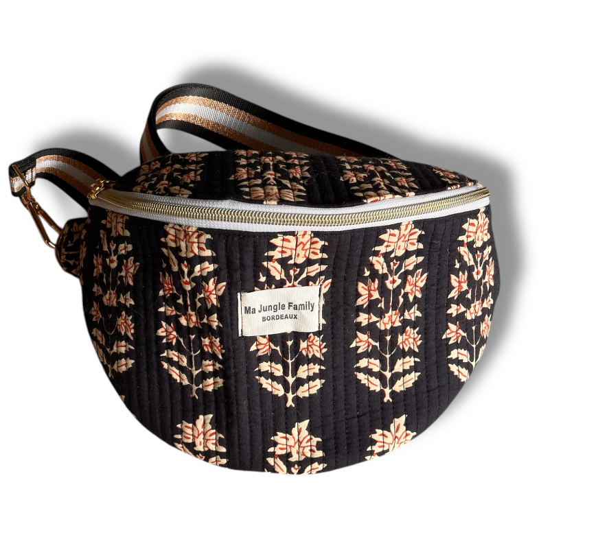 Sac banane en coton indien, tissu fleuri, double fermeture éclaire, jaune safran Ma jungle Family, bleu, cousu main, anse ajustable, matelassée, liberty, noir imprimé au blockprint, kalambari, Jamini, bindi, apaches