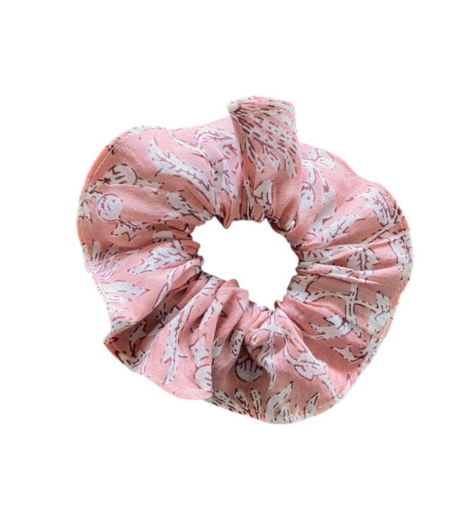 Chouchou élastique pour cheveux en tissu fleuri imprimé au blockprint en Inde vert d’eau Ma Jungle Family Bleu bagru Rose couleurs terre turquoise fleurs gris céladon