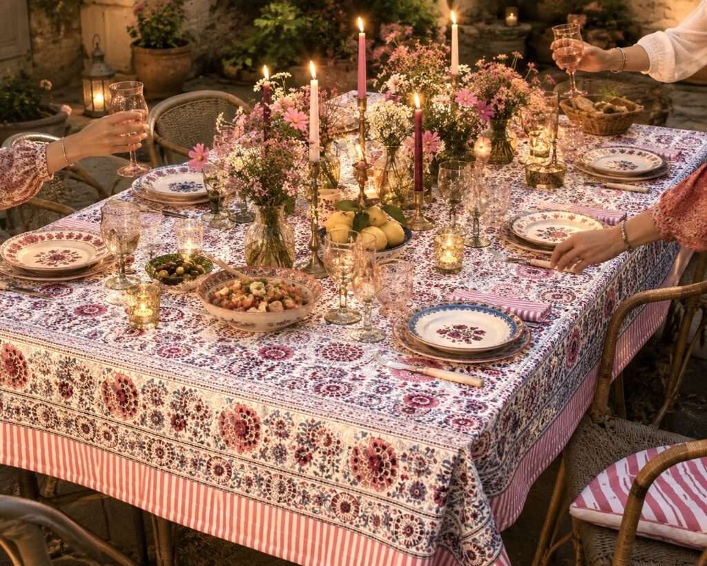 Nappe indienne rose deco boheme, jaiur blockprint Ma Jungle Family