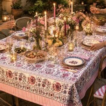 Nappe indienne rose deco boheme, jaiur blockprint Ma Jungle Family