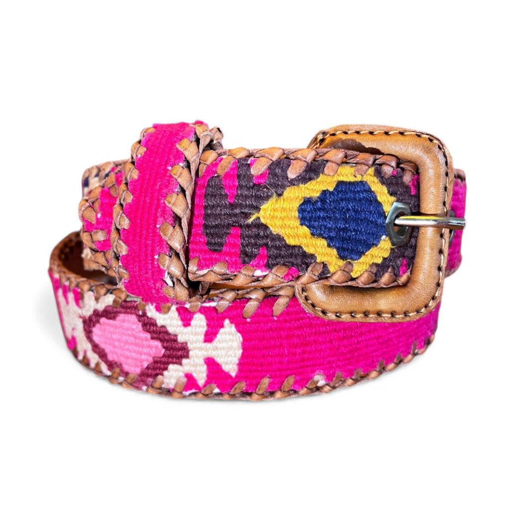 Ceinture brodée ethnique, coton tisse a la main, Guatemala, cuir véritable tresse. Là mansa, latch, Ma Jungle Family, l’île bleue, bordeaux, très colorée