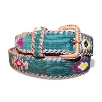 Ceinture brodée ethnique, coton tisse a la main, Guatemala, cuir véritable tresse. Là mansa, latch, Ma Jungle Family, l’île bleue, bordeaux, très colorée