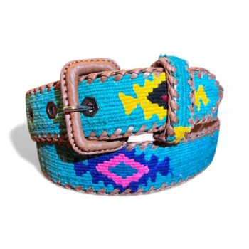 Ceinture brodée ethnique, coton tisse a la main, Guatemala, cuir véritable tresse. Là mansa, latch, Ma Jungle Family, l’île bleue, bordeaux, très colorée