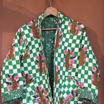 Veste matelassée, Coton indien, Fait main, Surpiqure artisanale, Confort, Chaleur, Vêtements ethniques, Mode durable, Vêtements faits à la main, Ma Jungle Family, vert intense butterfly papillon doublure damier vert tigres