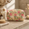 Trousse de toilette en coton matelasse indien imprime au blockprint, couleur à fleurs roses
