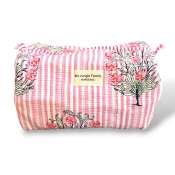 Trousse de toilette en coton matelasse indien imprime au blockprint, couleur a rayures roses