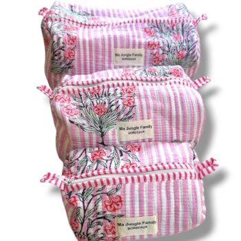 Trousse de toilette en coton matelasse indien imprime au blockprint, couleur a rayures roses