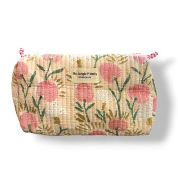Trousse de toilette en coton matelasse indien imprime au blockprint, couleur à fleurs roses
