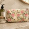 Trousse de toilette en coton matelasse indien imprime au blockprint, couleur à fleurs roses