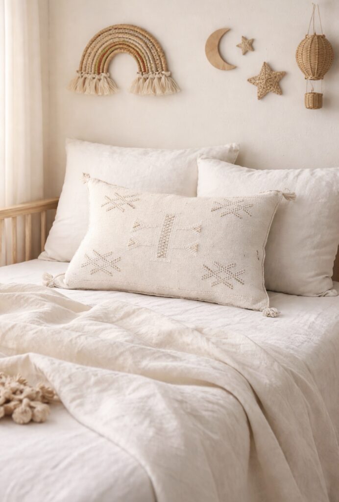 Housse de Coussin berbère en fibre de cactus sabra fait main au Maroc artisanat broderie rose pale design bohème décoration bohème MA Jungle Family