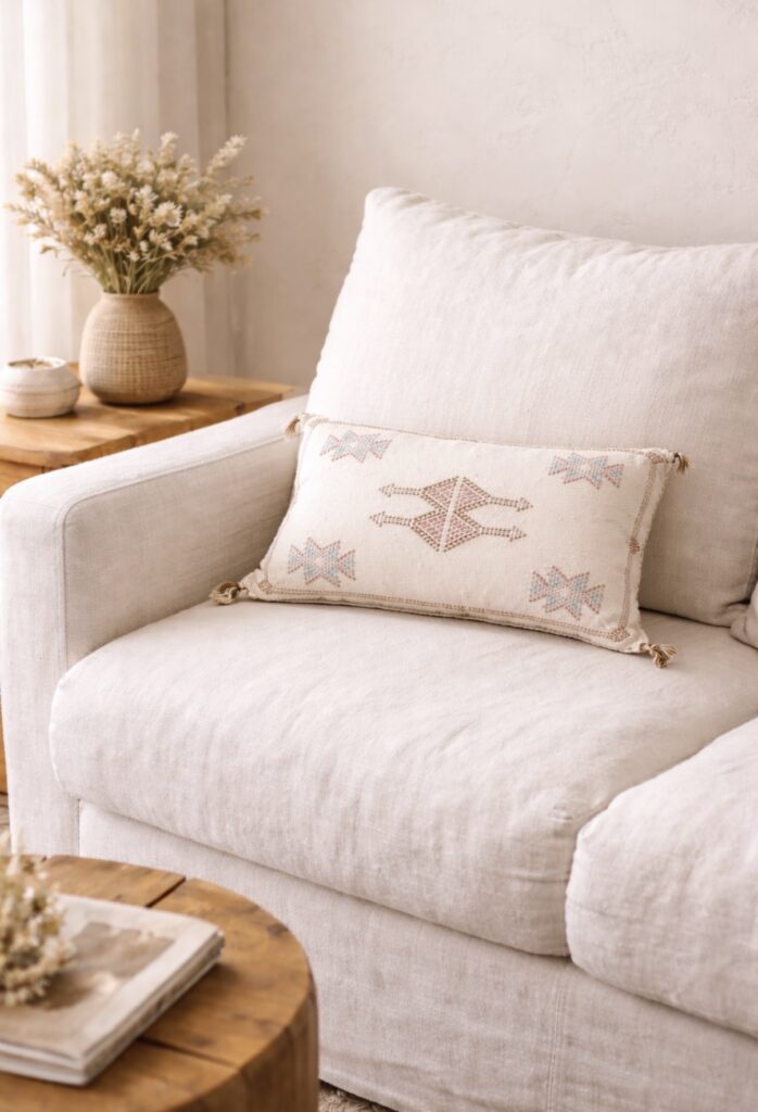 Housse de Coussin berbère en fibre de cactus sabra fait main au Maroc artisanat broderie rose pale design bohème décoration bohème MA Jungle Family