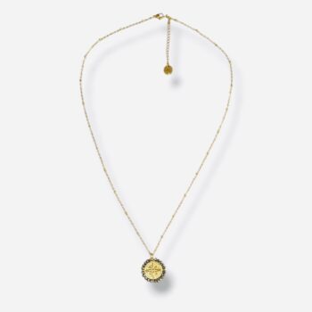 Medaille porte-bonheur, Santa Maria, rose des vents, perles mordoré, chaîne dorée avec des perles dorées, Ma Jungle Family, palas