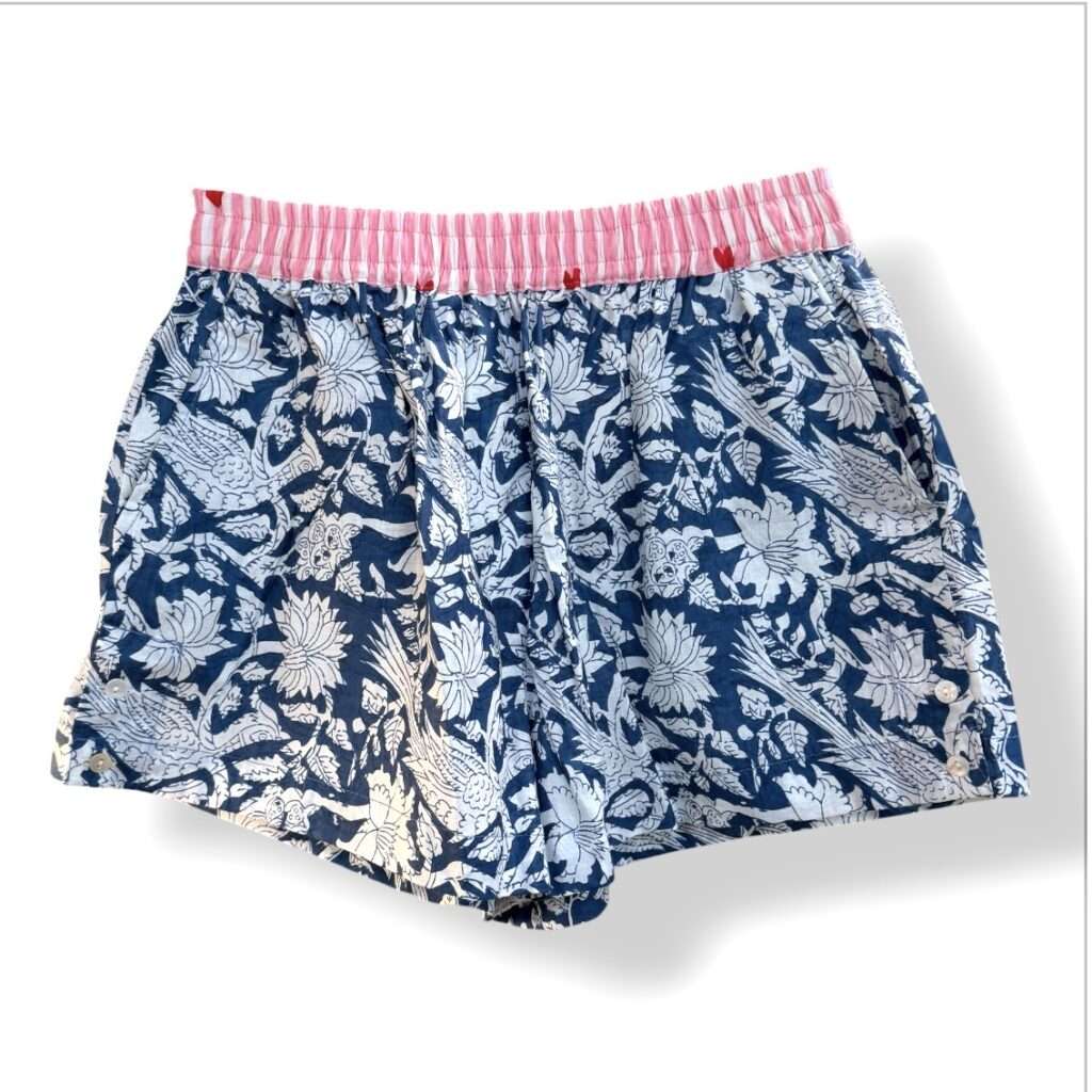 Short en coton indien bleu et rose
