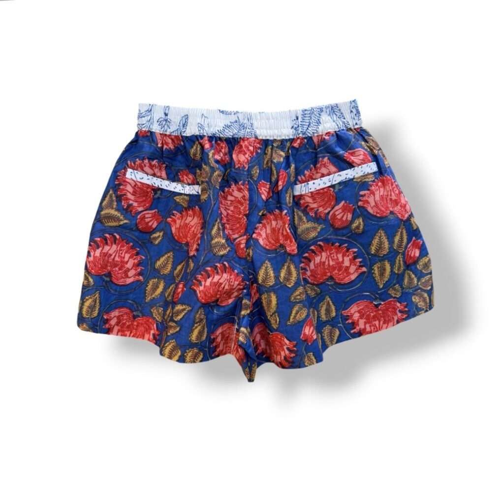 Short femme coton indien bleu et rouge, mode boheme