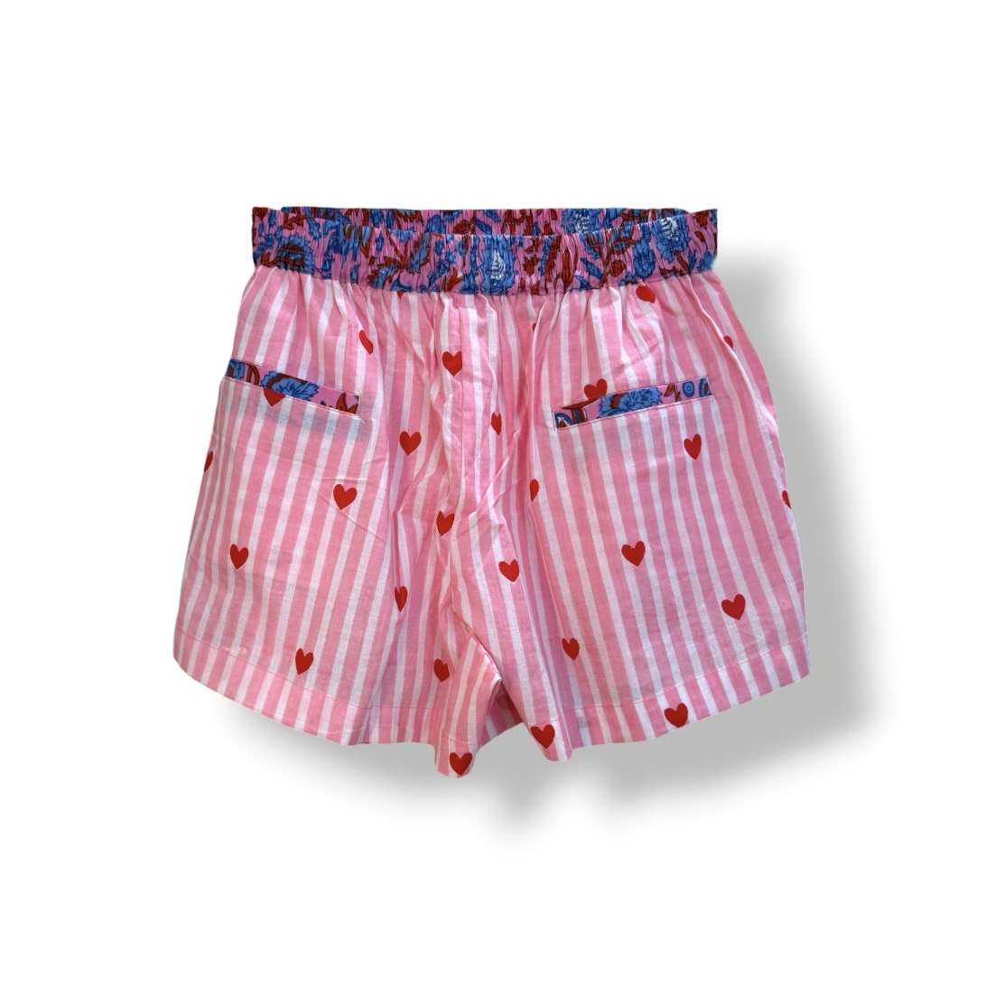 Short femme boheme, rayé rose avec coeurs