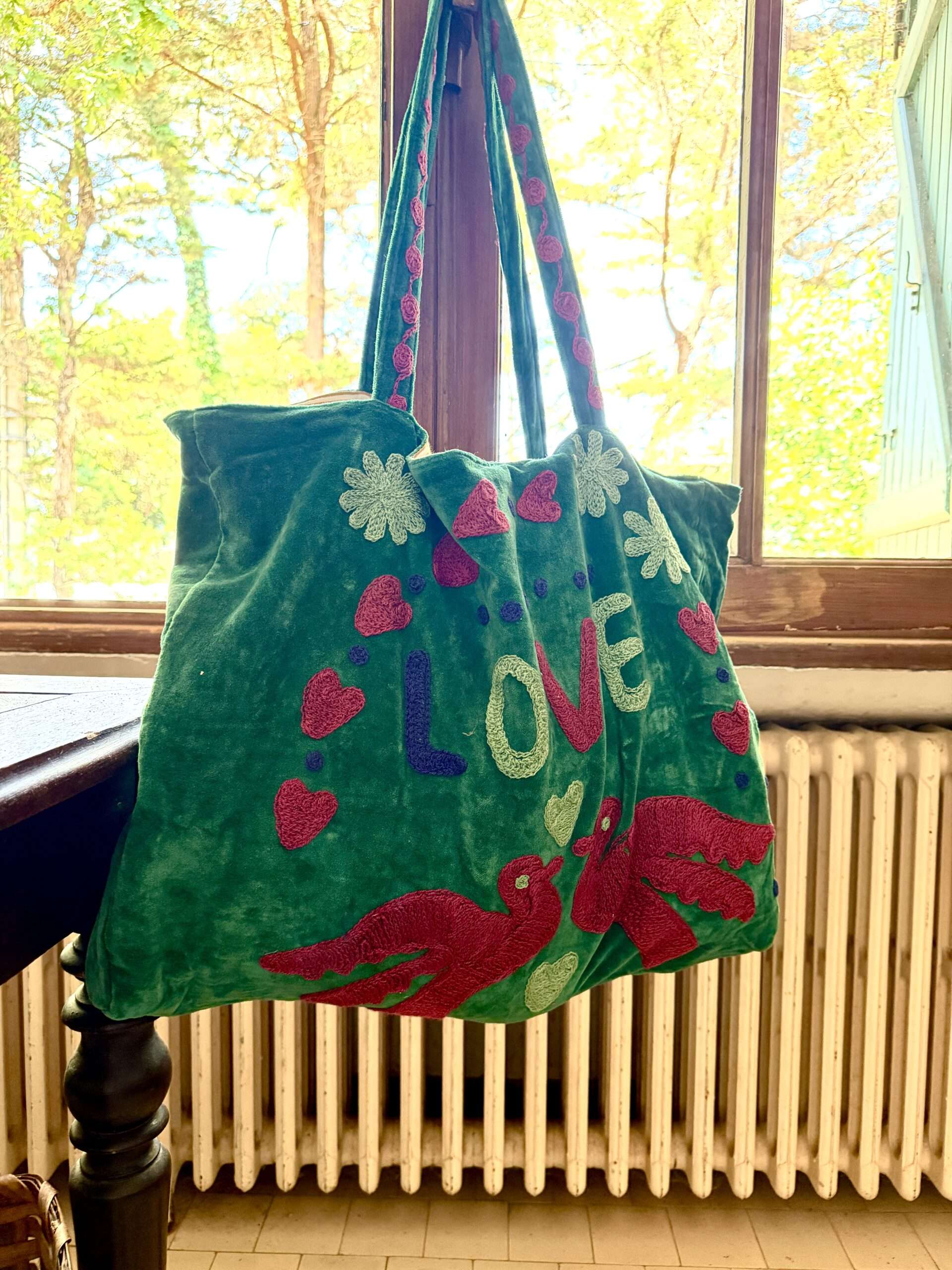 Sac de plage en velours vert pinède LOVE Ma Jungle Family, mode boheme