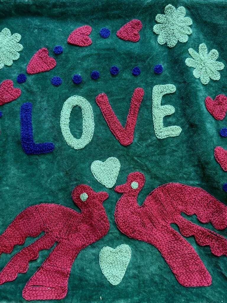 Sac de plage en velours vert pinède LOVE Ma Jungle Family, mode boheme