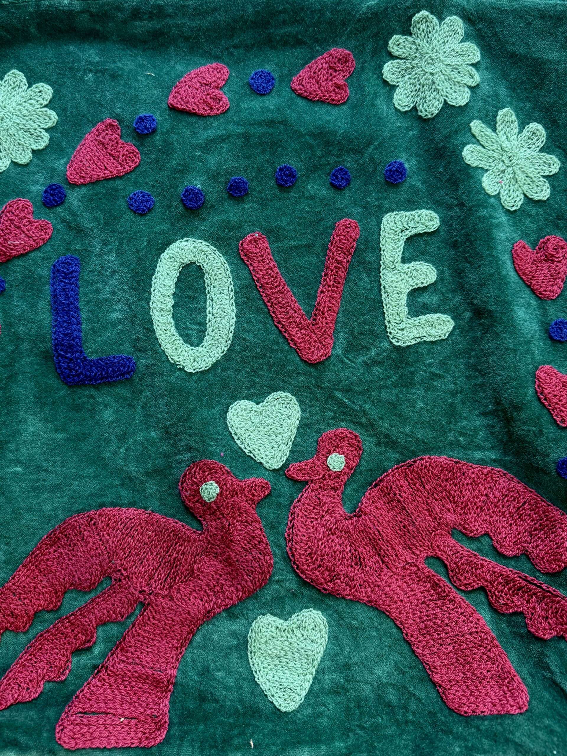 Sac de plage en velours vert pinède LOVE Ma Jungle Family, mode boheme
