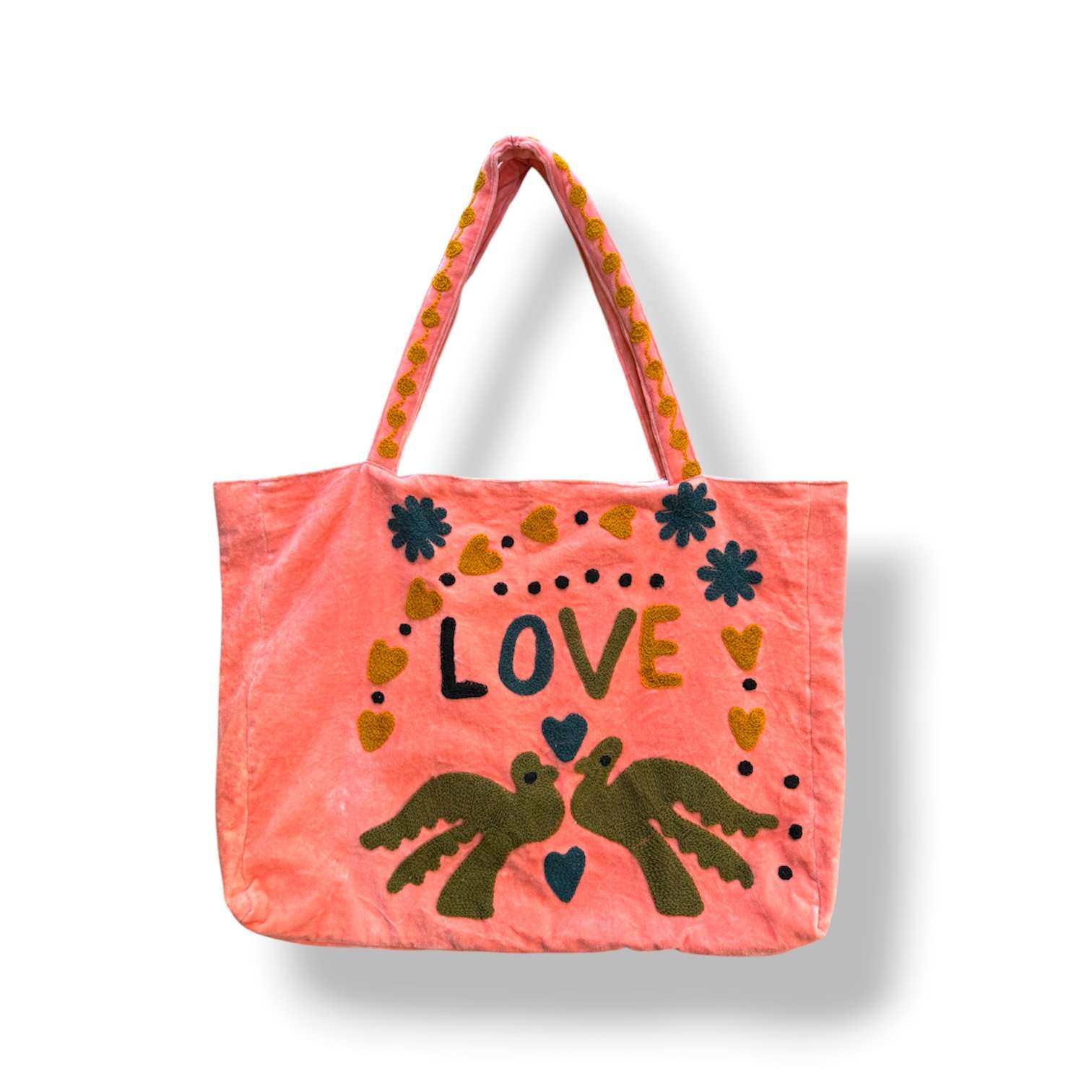 Sac cabas en velours brodé LOVE rose pêche, mode boheme, Ma Jungle Family