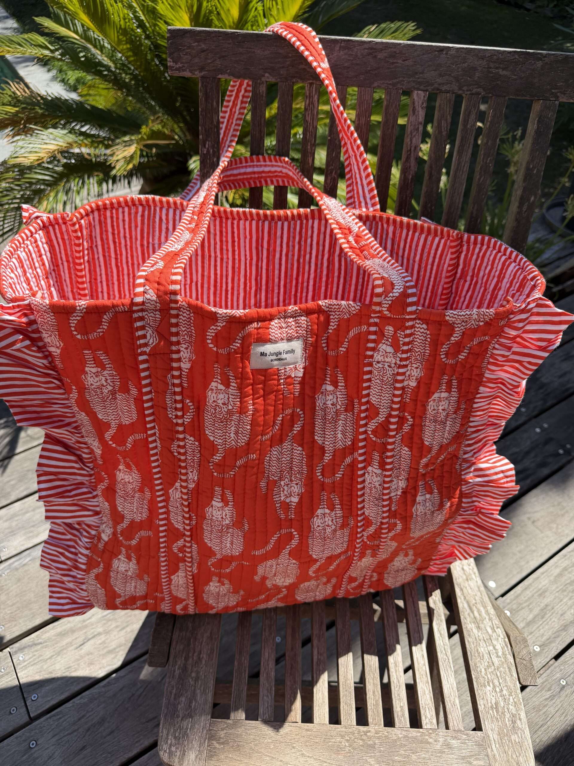 Grand cabas tigre orange en coton matelasse, mode boheme, Ma Jungle Family
