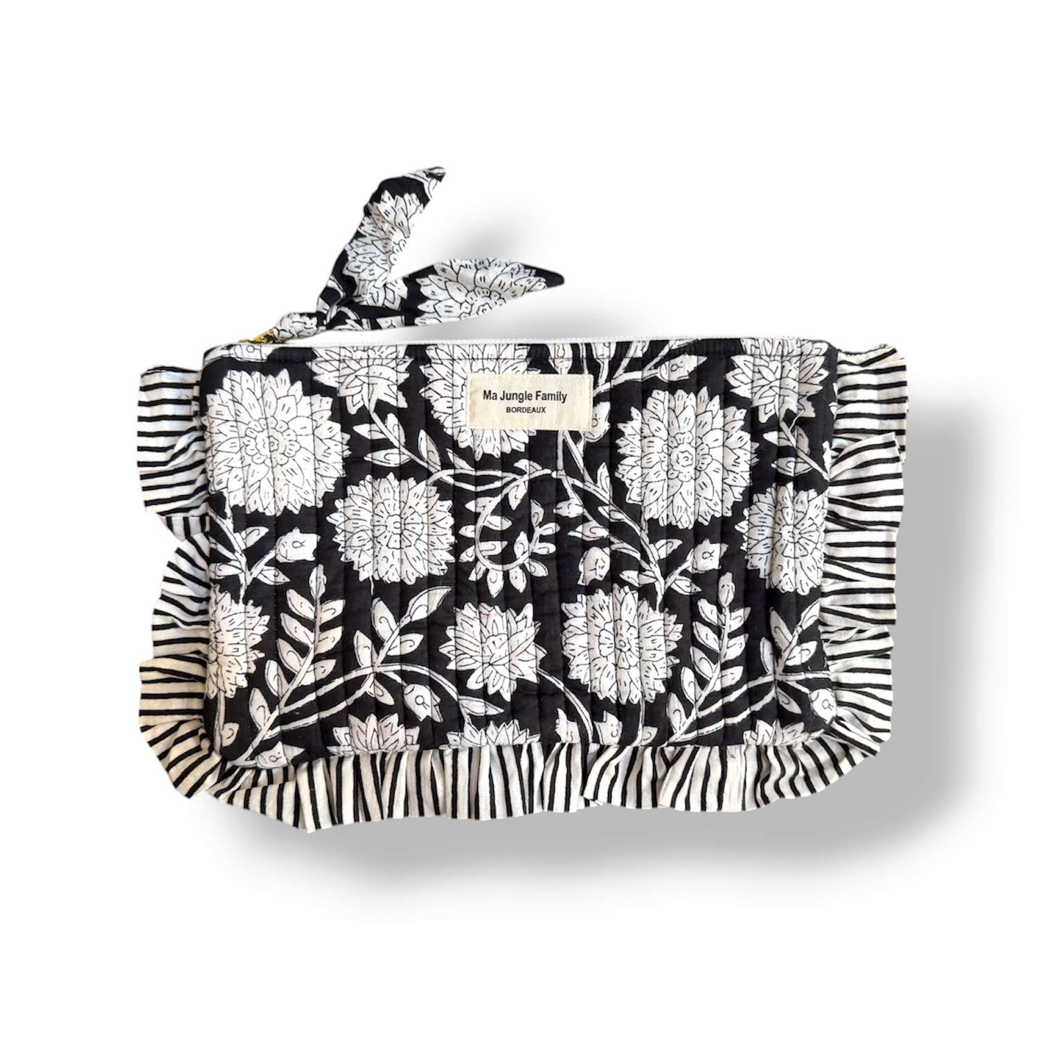 Pochette plate en coton indien matelassé, motif fleuri noir et blanc, deco boheme, Ma jungle Family