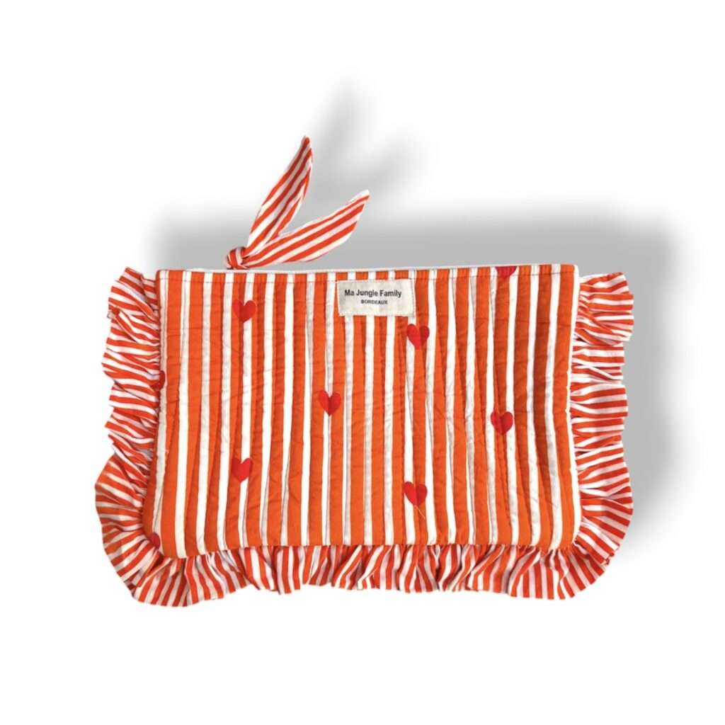 Pochette plate en coton indien matelassé, rayure orange, cœur, deco boheme, Ma jungle Family