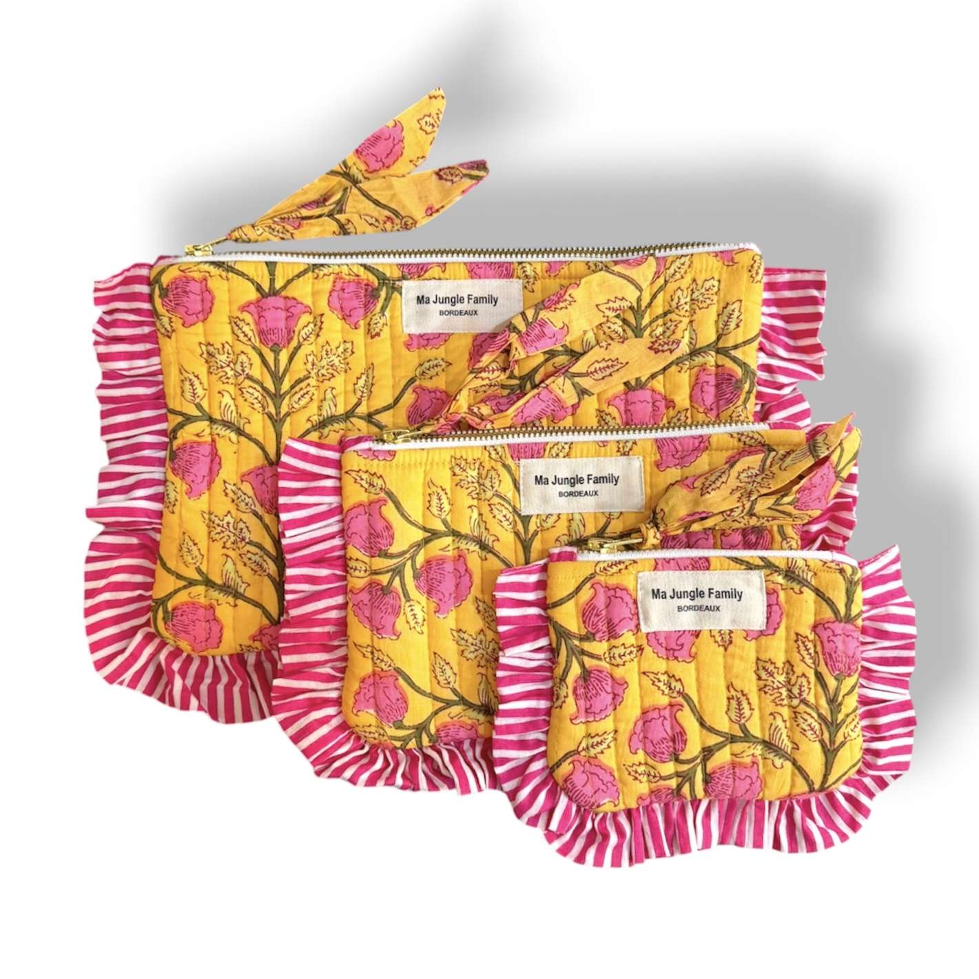 Pochette plate en coton indien matelassé, holi, jaune et rose a fleurs, deco boheme, Ma jungle Family
