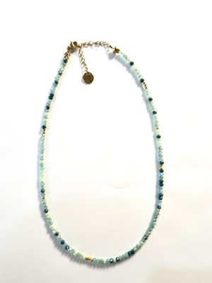 collier ras de cou bleu canard vert celadon perles dorées plaquées or perles à facettes made in france fabrique en france creatrice de bijoux bracelet plaque or Ma Jungle Family