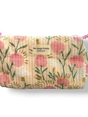 Trousse de toilette en coton matelasse indien imprime au blockprint, couleur à fleurs roses