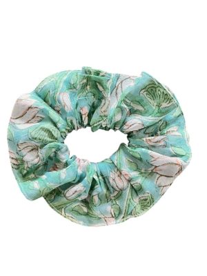 Chouchou élastique pour cheveux en tissu fleuri imprimé au blockprint en Inde vert d’eau Ma Jungle Family